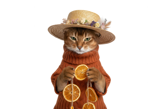 Fashionable Cat in Hat and Sweater with Dried Oranges