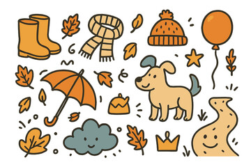 Naklejka premium Autumn Doodle Icons. Autumn walk doodle icon set: hand drawn icons of boots, umbrella, falling leaves, scarf, hat, crown, star,