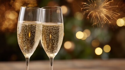 Two Flutes of Sparkling Champagne Toasting Against a Blurred Festive Background with Fireworks