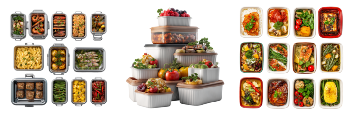 Set of A rustic wooden table with bowls of pasta, grilled vegetables on transparent png background. Ai generated