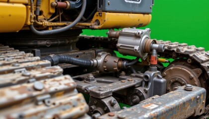 Detailed View of an Industrial Excavator Engine Mechanism with Hydraulic Components and Tracks