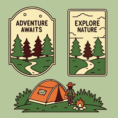 Obraz premium Outdoor adventure badge set featuring camping quotes and forest illustrations. Perfect for t-shirt designs, stickers, travel gear, or hiking-themed merchandise.