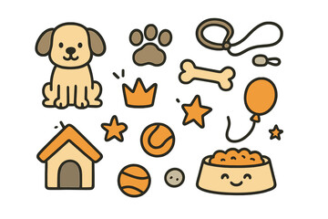 Dog Doodle Icons. Dogs doodle icon set: hand drawn icons of puppy, paw print, bone, leash, crown, star, balloon, ball, kennel, and