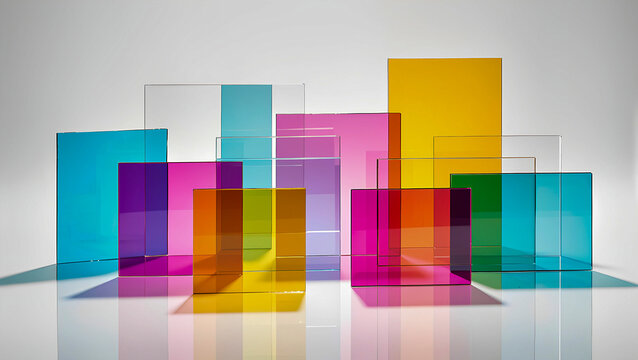 An abstract composition of intersecting vertical rectangular plates of colored transparent acrylic or glass, creating gradients and color overlays.
