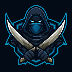 Mysterious Hooded Ninja Assassin Esports Logo with Crossed Swords and Glowing Blue Eyes, Professional Gaming Team Mascot