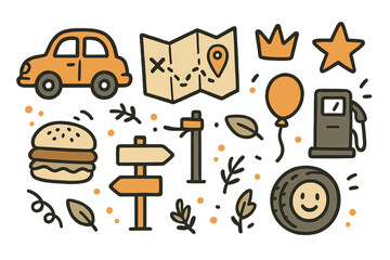 Road Trip Icons. Road trip doodle icon set: hand drawn icons of car, map, crown, star, balloon, gas pump, burger, signpost, and