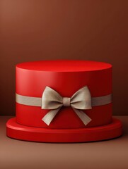 round red podium with a festive ribbon showcasing an empty christmas product display