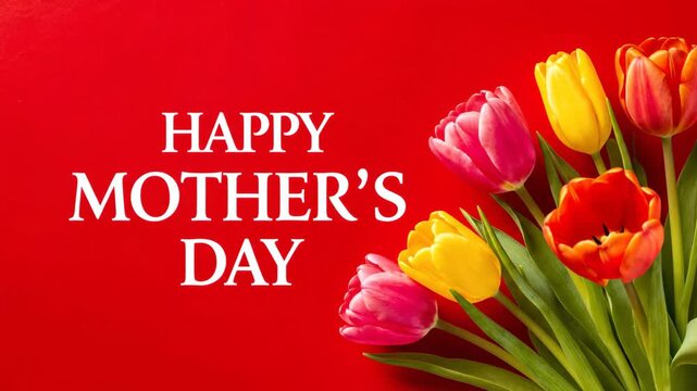 Vibrant Mother's Day Tulips on Red Background - A beautiful arrangement of tulips in various colors, including pink, yellow, and red, is showcased against a vibrant red background.