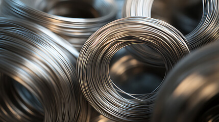 Coiled metal wire circles fill the frame with depth and texture, showcasing industrial material in abstract. Metallic, shiny, and orderly in design.