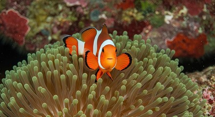 Vibrant Orange Clownfish Nestles Within Lush Green Sea Anemone Home