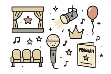 Concert Hall Icons. Concert hall doodle icon set: hand drawn icons of stage, spotlight, microphone with smile, crown, star,