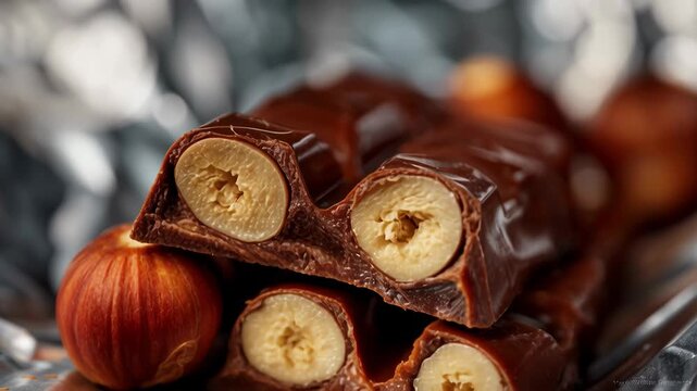 A mouth-watering close-up of a chocolate bar with hazelnuts, showcasing its rich texture and delicious filling