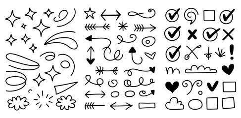 hand drawn doodle art wrok collection of arrows and different symbols