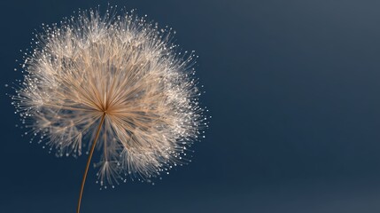 Delicate Dandelion Flower with Sparkling Seeds against a Soft Blue Background at Twilight