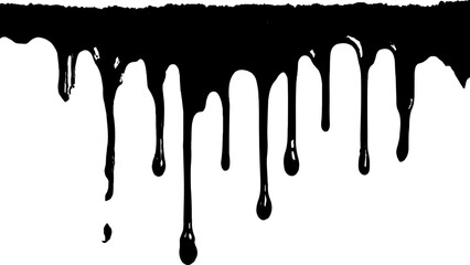 Dripping black ink on a white transparent background. Black paint dripping down against a white background. Close up of paint leaking down white background. 