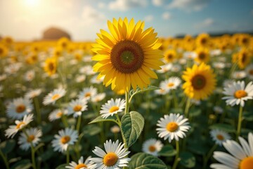 Fototapeta premium One sunflower standing out in a sea of daisies captured from above.
