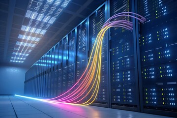 Data Flow Visualization A Futuristic Digital Network Concept with Fiber Optic Cables in a Server Room