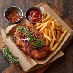 Crispy chicken chop with fries on a brown packaging

