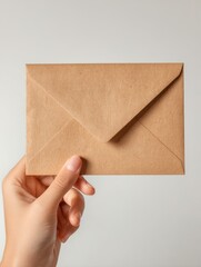 Fototapeta premium closeup of hand holding kraft paper envelope white background with soft natural lighting
