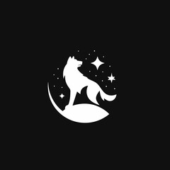 Naklejka premium Majestic wolf howling at the crescent moon under a starry night sky. Minimalist animal silhouette graphic design.