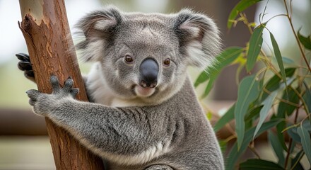 Obraz premium Cute Koala Bear Clinging to a Tree Branch Eucalyptus Forest