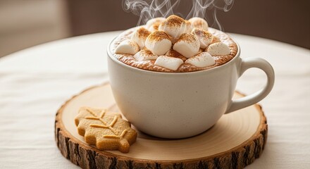 Warm cup of hot chocolate topped with marshmallows and a cookie