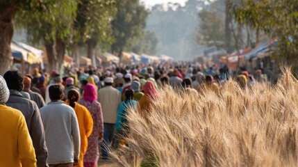 Crowd of People Walking Through a Vibrant Outdoor Market Surrounded by Lush Nature in Morning Light