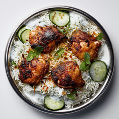 Fototapeta premium Chicken thigh mandhi rice with cucumber yogurt salad on a steel plate on a white background