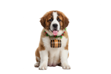 Adorable Saint Bernard Puppy with Cask Collar on White Background