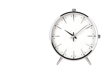 Sleek silver alarm clock showcasing timeless elegance, perfect for representing deadlines, punctuality, and time management in modern designs
