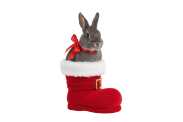 Cute Grey Rabbit in Santa Boot with Red Bow on White