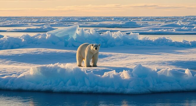 Majestic Polar Bear Navigates Icy Arctic Landscape Under Golden Sunlight