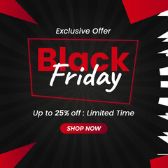 Black Friday Sale in Red Black Banner. Up to 25% off Limited Offer. Vector illustration. Exclusive Offer. Shop Now. 25% off. Black Friday Banner.