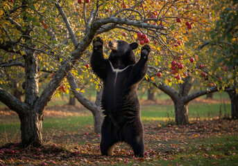 Bear Foraging for Apples in Orchard