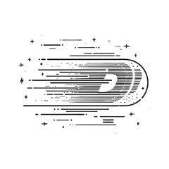 Dynamic stylized monochrome line art illustration of a fast-moving comet or asteroid with speed lines, stars, and energy bolts in space.