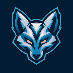 Esports wolf head mascot logo illustration in cool blue and white tones, fierce wild animal predator graphic design.