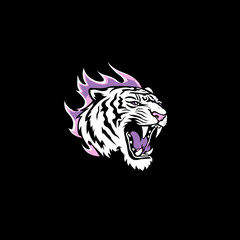 Powerful White Tiger Head with Roaring Expression and Purple Flames. Stylized Animal Mascot Illustration for Gaming and Esports