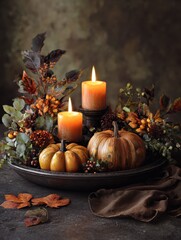 autumnal centerpiece with candles and pumpkins