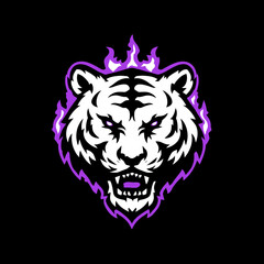 Fierce white tiger head mascot with glowing purple eyes and fiery aura. Aggressive predator graphic design on black background.