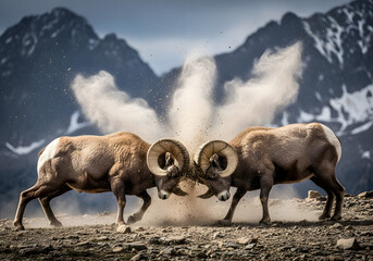 Bighorn Rams Clashing in the Mountains