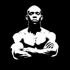 Powerful Muscular Man with Crossed Arms - High Contrast Black and White Graphic Illustration of Strong Male Physique, Bodybuilding, Fitness, Determination