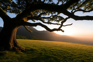 Fototapeta premium Silhouette of a large tree at sunset. The setting sun casts a warm glow over a green field and distant mountains, creating a serene and peaceful landscape.
