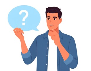 A cartoon man in blue shirt with a question mark in a speech bubble, pondering. White background