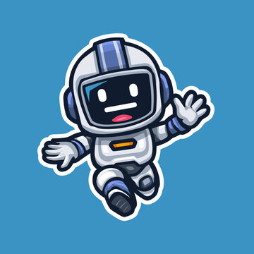 Cute futuristic robot character waving hand, adorable android mascot illustration, friendly space explorer cartoon design