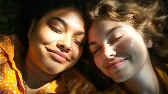 Two diverse young women, including a plus-size model, relaxing on mats under dappled tree light, sharing an inclusive moment, diversity, inclusivity, plus-size models, outdoor rela