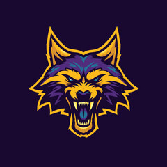 Furious wolf head illustration with bared teeth, sharp fangs, and glowing yellow eyes, perfect for a dynamic esports or team mascot logo design.
