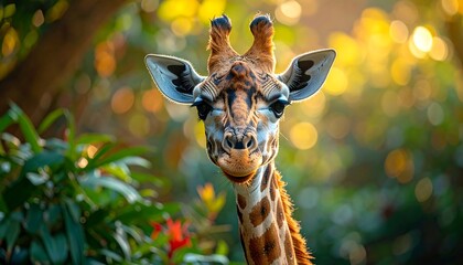 A close-up of a giraffe peering directly into the camera with a blurred, sun-dappled background. The giraffe's coat is brown and tan