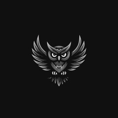 Powerful Grayscale Owl Illustration with Wings Spread, Elegant Nocturnal Predator Art Design on Dark Background