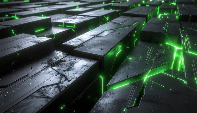 Dynamic Digital Landscape of Interconnected Grey Blocks Illuminated by Bright Green Data Flow