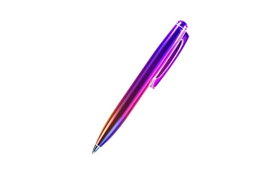 Striking iridescent pen floats, adding a modern and vibrant touch to creative projects, illustrating a sharp, futuristic, and sophisticated writing tool